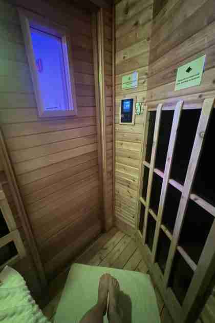 Free Sauna Membership With Any Package Purchase view from sitting inside the sauna on the sauna bench